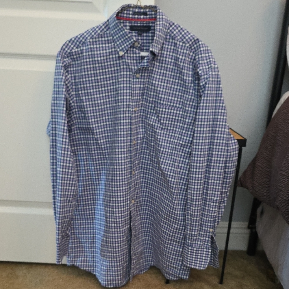 Tommy Hilfiger Men's Blue and White Plaid Shirt